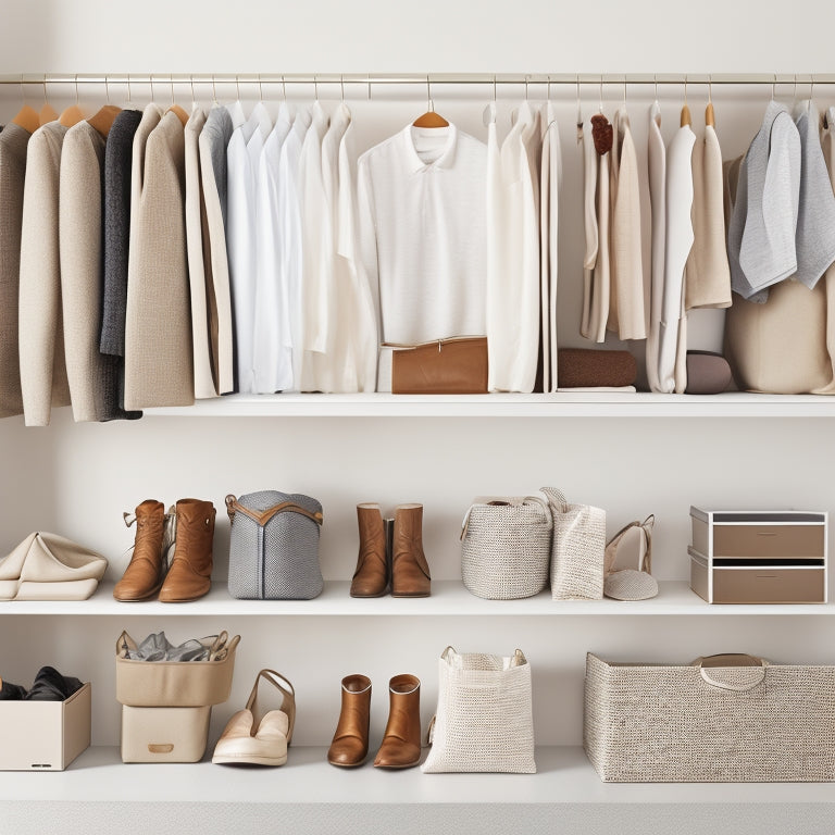 A tidy closet with various closet organizer bags in neutral tones, holding folded clothes, shoes, and accessories, with a few bags open to display contents, against a clean white background.