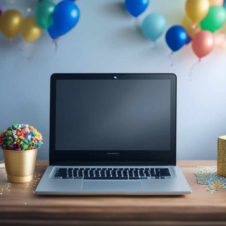 A minimalist illustration featuring a laptop with a glowing screen, surrounded by confetti and balloons, with a subtle trophy or medal in the background, symbolizing online contest victories.