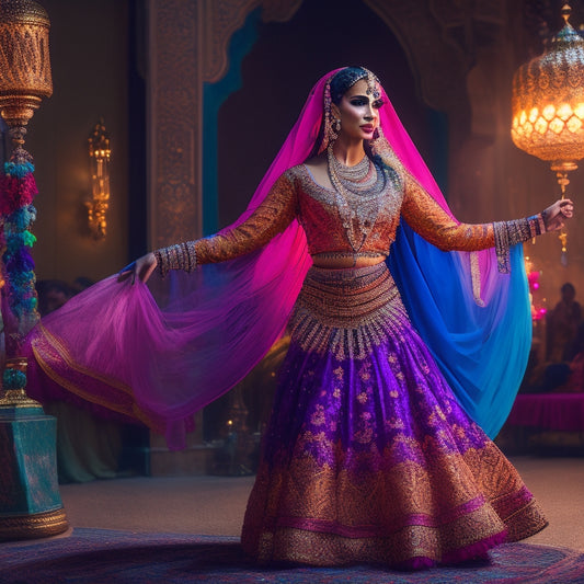 A vibrant illustration of a Middle Eastern-inspired performance scene: a dancer wearing a intricately embroidered, jewel-toned costume with flowing silks, surrounded by ornate lanterns and lavish fabrics.