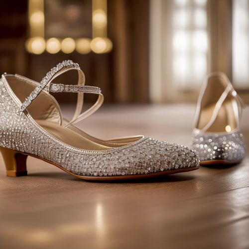 A close-up of elegant ballroom dance shoes with intricate embellishments, set against a polished wooden floor. Soft lighting highlights the shoes' satin finish and sparkling rhinestones, evoking a sense of sophistication and grace.