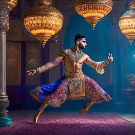 A mesmerizing illustration of a male dancer in a lavish, ornate setting, surrounded by intricate Middle Eastern patterns and lanterns, with flowing fabrics and exotic props, frozen in a dramatic dance pose.