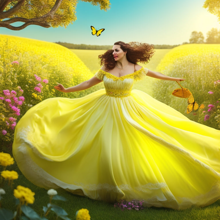 A whimsical illustration of a young woman twirling in a flowy dress, surrounded by swirling musical notes, flowers, and butterflies, set against a soft, sunny yellow background.