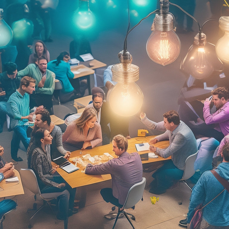 An energetic illustration of a bustling conference hall with diverse attendees actively participating, surrounded by colorful sticky notes, laptops, and smartphones, with a large, glowing lightbulb at the center.