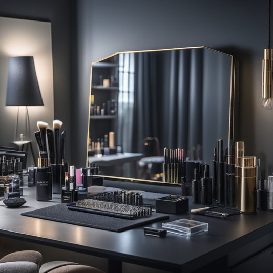 A beautiful, modern makeup studio with a large mirror, professional lighting, and a sleek, black countertop, surrounded by various makeup brushes, palettes, and products, with a laptop open in the foreground.