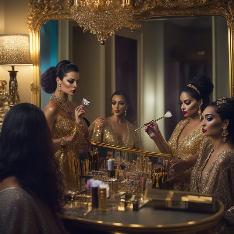 A glamorous, ornate dressing room mirror reflecting a diverse group of 5-7 professional makeup artists, each holding a distinct makeup brush, surrounded by scattered makeup palettes and lit by soft, golden lighting.