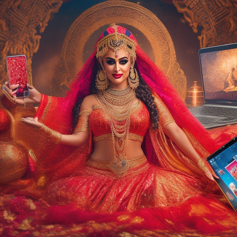 A vibrant, golden-lit illustration of a belly dancer in a flowing, crimson costume, surrounded by laptops, smartphones, and social media icons, with a subtle Middle Eastern-inspired pattern in the background.