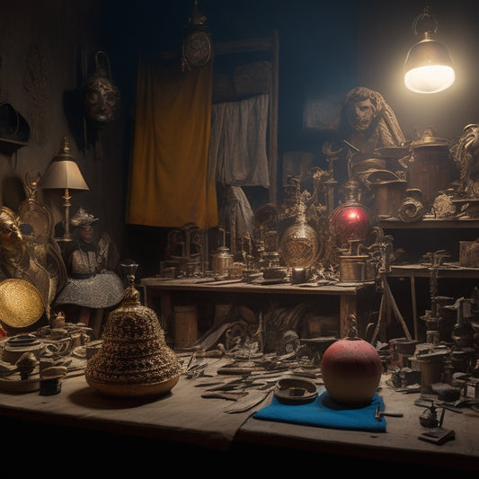 A dimly lit, cluttered workshop with various props in different stages of creation, surrounded by tools, fabric, and paint, with a spotlight shining on a central, ornate, golden mask.