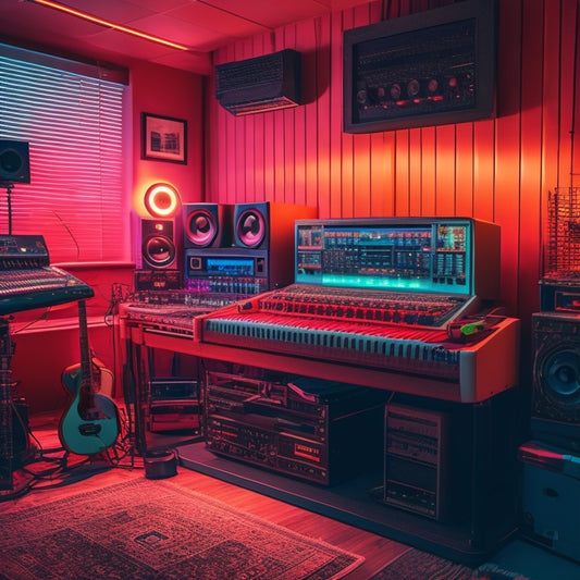 A warm, neon-lit retro recording studio at dusk, with vintage synthesizers, cassette tapes, and vinyl records scattered around a central mixing console, surrounded by nostalgic music production gear.