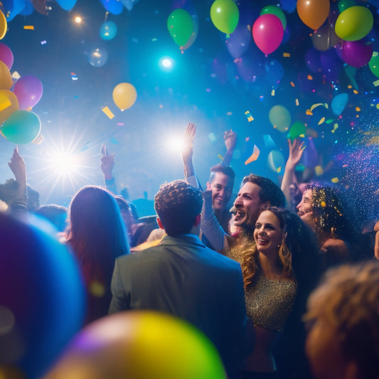 A vibrant, dimly lit party scene with confetti-filled balloons, a spinning DJ deck, and joyful friends dancing in a circle, surrounded by colorful streamers and a sea of glowing smartphones.