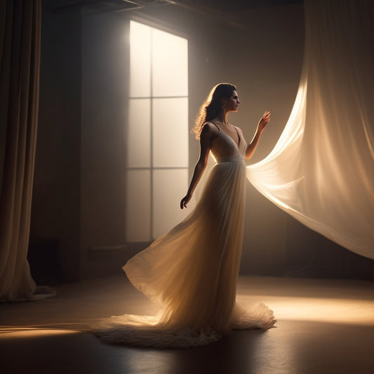 A serene, dimly lit studio with a lone figure, a strong and empowered woman, mid-movement, surrounded by soft, golden light, with flowing drapes and a subtle, sensual ambiance.