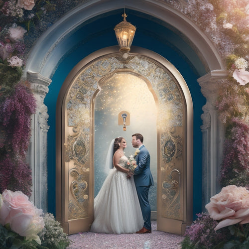 A whimsical, dreamy illustration of a bride and groom standing in front of a giant, ornate keyhole, surrounded by fluttering wedding invitations, flowers, and confetti, with a subtle, shimmering light emanating from the keyhole.