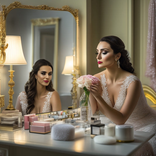 A serene, natural-lit makeup studio with a elegant, lace-dressed bride-to-be sitting in front of a vanity, surrounded by makeup brushes, palettes, and mirrors, with a gentle, warm glow.