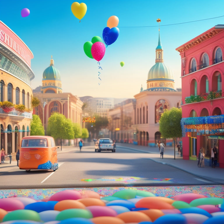 A whimsical illustration of a Gardena city street with a bright, colorful dance floor in the center, surrounded by confetti and balloons, with a subtle city hall building in the background.