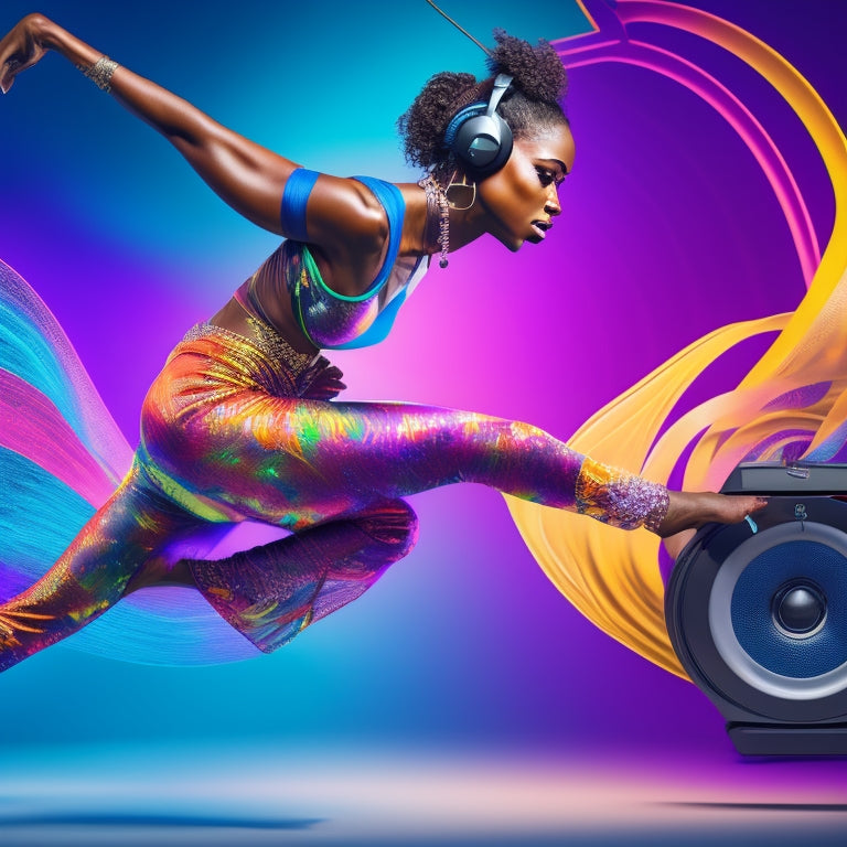 A vibrant, colorful illustration of a dancer in mid-motion, surrounded by musical notes, headphones, and laptops, with subtle hints of a virtual dance studio in the background.