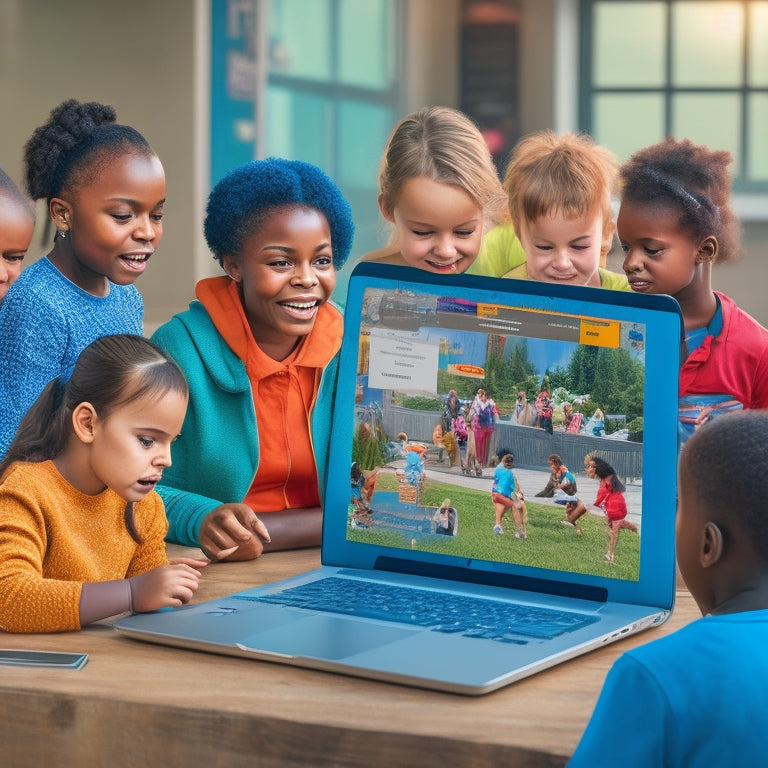 An illustration of a laptop screen displaying a vibrant, interactive e-learning module, surrounded by diverse learners of different ages and abilities, all engaged and collaborating with each other.