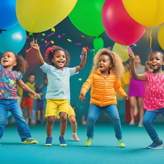A colorful illustration of diverse kids (ages 4-12) engaging in various fun movements (dancing, jumping, yoga, hula hooping) in a bright, open space with balloons and confetti.