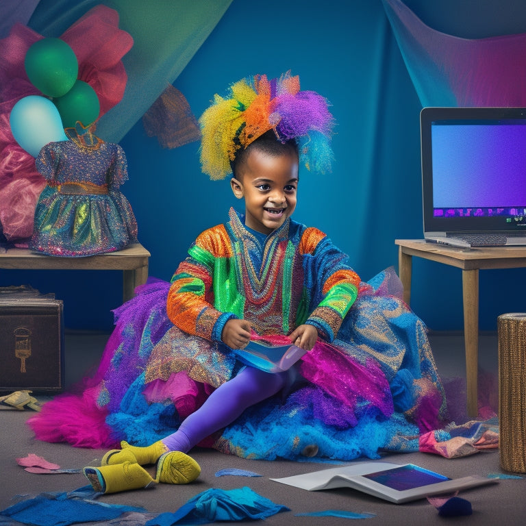 A colorful illustration of a happy kid sitting in front of a laptop, surrounded by dance costumes and fabric scraps, with a city ballet, jazz, and hip-hop dance-inspired background.