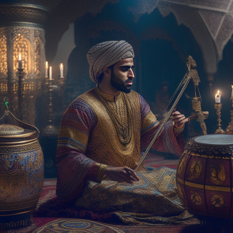 A vibrant, golden-lit scene featuring a mesmerizing Arabic drummer surrounded by intricate, ornate instruments, with swirling patterns of Middle Eastern fabrics and lanterns in the background.