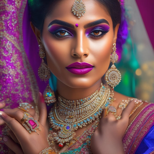 A glamorous Indian woman with intricate henna designs on her hands, adorned with statement jewelry, posing in front of a colorful Bollywood-inspired backdrop, with a bold, vibrant eye shadow look.