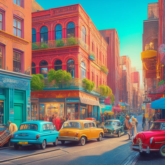 A vibrant illustration of a bustling city district with colorful buildings, streets lined with artistic murals, and eclectic storefronts showcasing musical instruments, paintbrushes, and cameras.