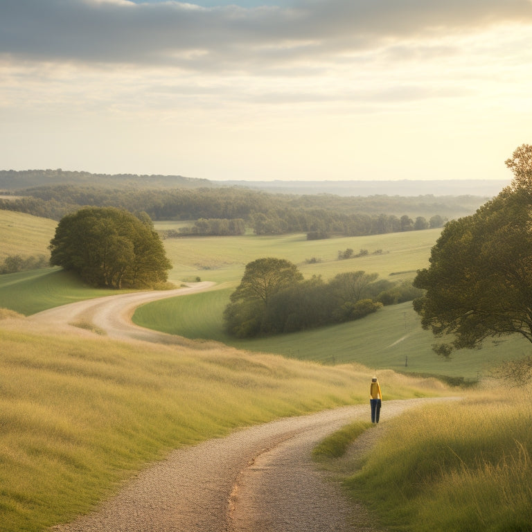A serene landscape featuring a winding dirt path disappearing into the horizon, surrounded by lush greenery, with a lone figure in the distance, looking out at the viewer with a contemplative expression.