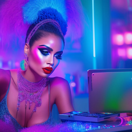 A glamorous, spot-lit dancer in a bold, bright costume, surrounded by mirrors, makeup brushes, and colorful cosmetics, with a smartphone and laptop in the background, capturing online visibility.