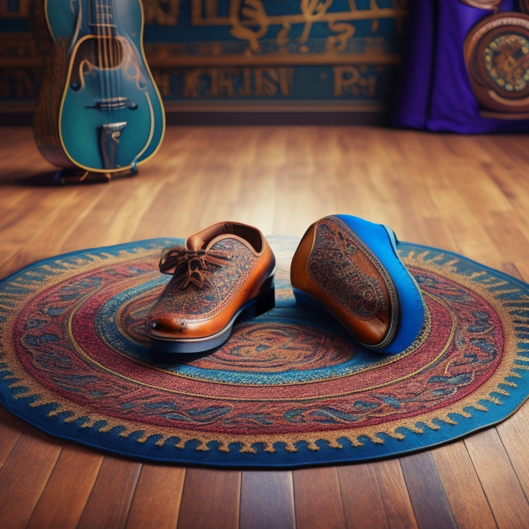 A vibrant illustration of a wooden stage floor with traditional tap shoes centered, surrounded by swirling musical notes and clog dance-inspired patterns, with a subtle Celtic knotwork border.