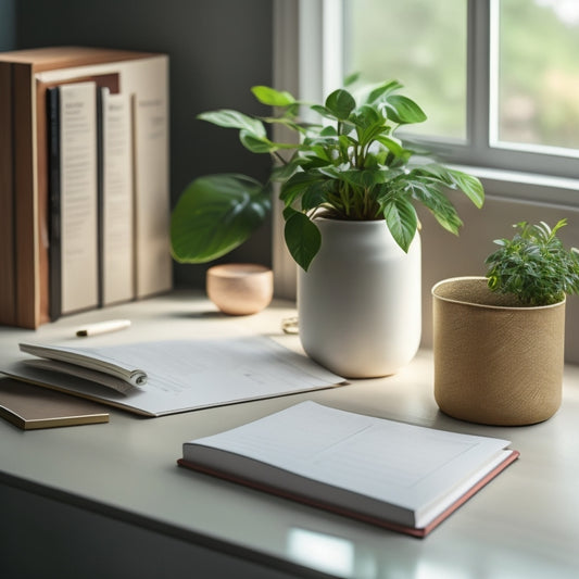 A serene, minimalist workspace featuring a beautifully designed desk planner, surrounded by lush greenery, a few mindfulness-inspiring decorative objects, and soft, warm lighting.