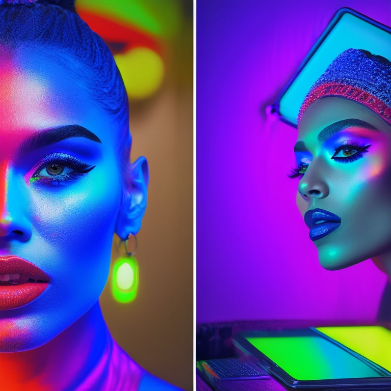 A split-screen image: a dancer in a bold, neon-lit makeup look on one side, and a digital tablet with makeup design software and a laptop with a 3D model of a dancer's face on the other.