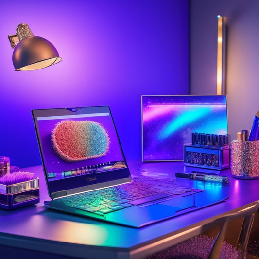 A shimmering makeup station with a laptop displaying a dance makeup tutorial, surrounded by colorful brushes, lipsticks, and eyeshadows, with a glittering dance floor mirror in the background.