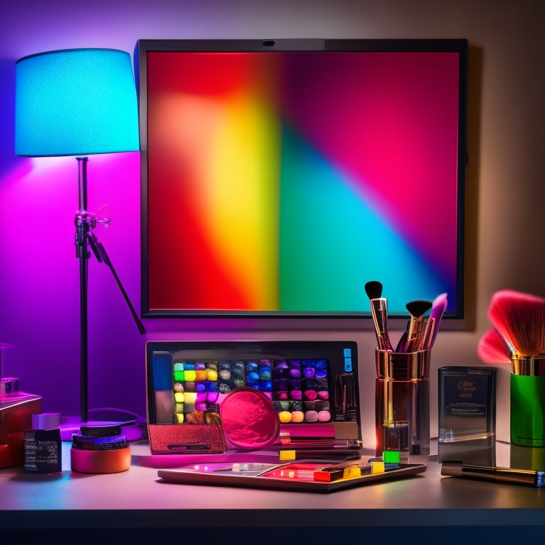 A spotlight shines down on a clutter-free makeup station with a mirror, brushes, and an open palette of vibrant colors, surrounded by dance-inspired makeup looks on tablets and phones.