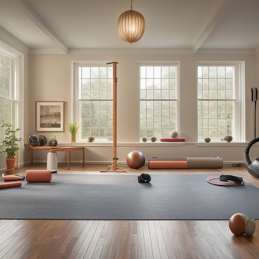 A serene, well-lit home workout space with a hardwood floor, featuring 3-4 portable ballet barres of varying styles and materials, arranged artfully with a few exercise mats and resistance bands.