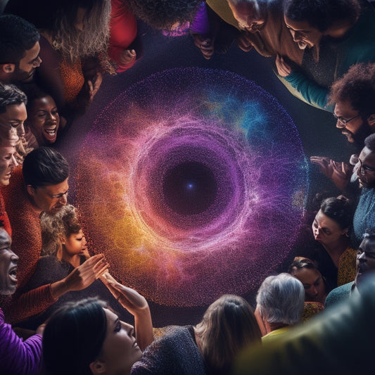 A vibrant, interconnected network of diverse people forming a circle, with pulsing, glowing threads weaving between them, radiating outward in a burst of colorful, swirling energy.