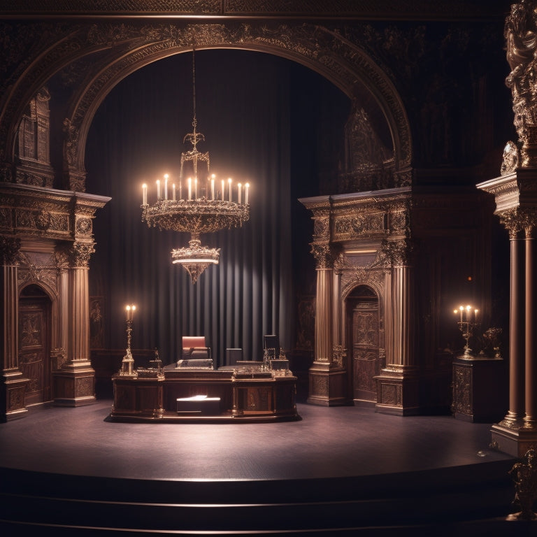 A dimly lit, ornate theater stage with a spotlight shining on a star-shaped pedestal, surrounded by scattered scripts, director's notes, and costume sketches, with a subtle Broadway NYC cityscape in the background.