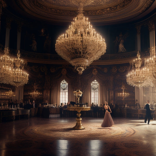 A grand, ornate ballroom with chandeliers, surrounded by shelves of vintage dance manuals and phonograph records, featuring a dancer's silhouette in the center, surrounded by swirling dance patterns.