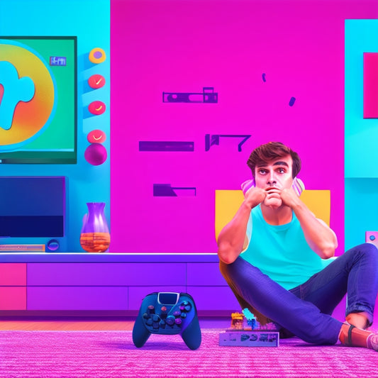 An illustration of a frustrated gamer sitting in front of a TV, surrounded by dancing game controllers, with a puzzled expression, and a large question mark above their head, amidst a blurred background of Just Dance 2017 gameplay.