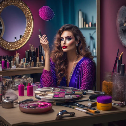 A stylist's workspace cluttered with makeup brushes, hair tools, and beauty products, with a stunning model in the background, flaunting a vibrant hairstyle and flawless makeup, admiring herself in a circular mirror.