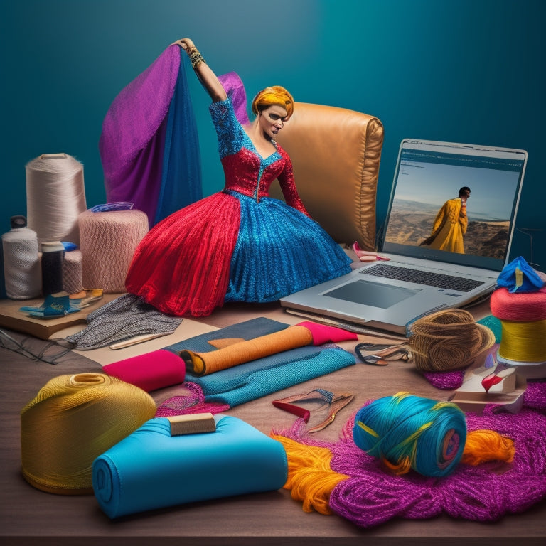 A colorful illustration of a dancing figure surrounded by costume design software icons, fabrics, threads, and sewing tools, with a laptop and tablet in the background.