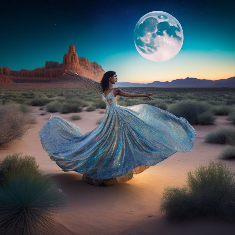 A whimsical illustration of a woman surrounded by swirling opal hues, her arms outstretched, and her feet bare, dancing amidst a desert oasis with lush greenery and a radiant full moon overhead.