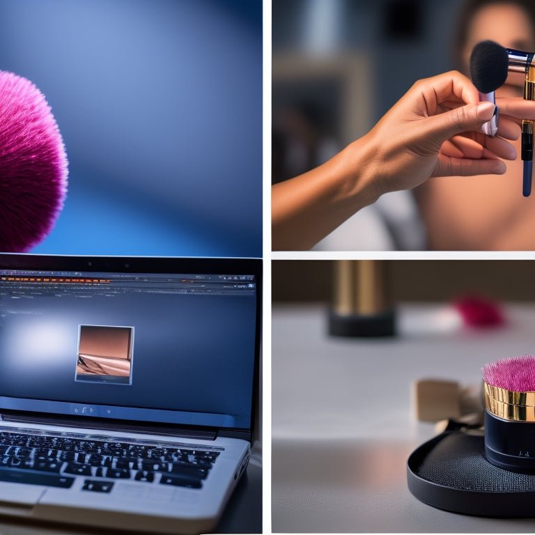 A split-screen image featuring a close-up of a makeup artist's hands holding various makeup brushes and products on one side, and a laptop with a social media page open on the other, with a blurred-out background of a dance studio or stage.