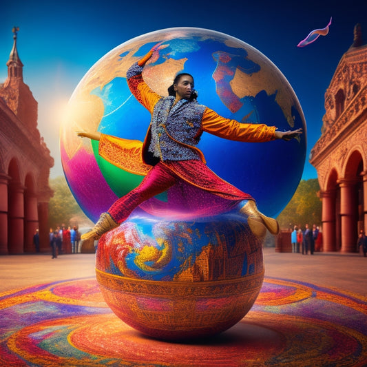 A vibrant illustration of a person dancing with a globe at their feet, surrounded by swirling English words and sentences that morph into musical notes and dance movements.