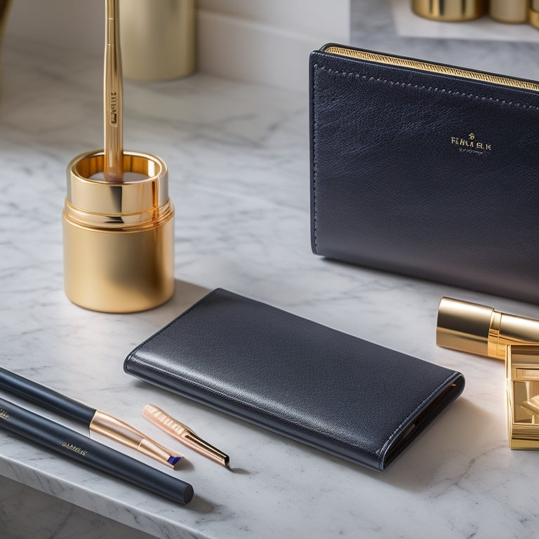 A sleek, black leather-bound planner lies open on a marble surface, surrounded by luxurious makeup brushes, gold compacts, and a few strategically placed, perfectly placed lipsticks.