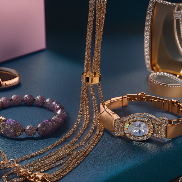 A close-up of elegant bracelets and necklaces integrated with sleek fitness trackers, adorned with gemstones and metallic finishes, glimmering under soft light, showcasing the fusion of technology and high fashion.
