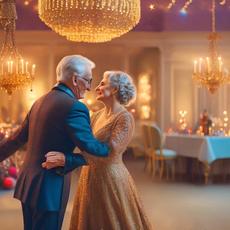 A whimsical illustration of an elderly couple, surrounded by twinkling string lights, swaying to the rhythm of a vintage gramophone, amidst a warm, golden-lit ballroom with a faded, floral-patterned dance floor.