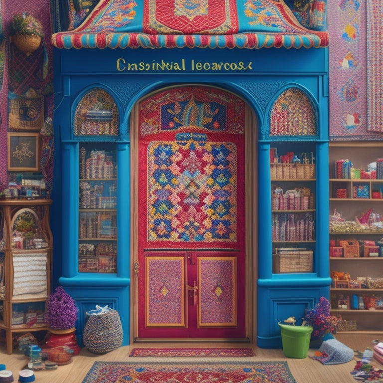 A vibrant, colorful illustration featuring a whimsical emporium with ornate wooden doors, overflowing with a cascade of quilts in various patterns, fabrics, and colors, surrounded by sewing notions and threads.