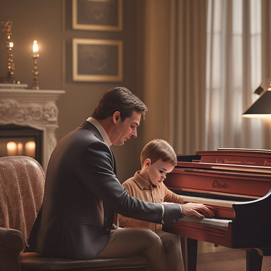 A warm, golden-lit illustration of a father and son sitting together at a grand piano, surrounded by music sheets and instruments, with a subtle musical note pattern in the background.