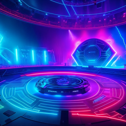 A futuristic, dark-lit CS:GO arena with neon-lit dance floors, surrounded by holographic screens displaying real-time player stats and futuristic dance avatars, amidst a swirl of vibrant, pulsing lights.