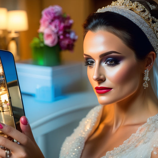 A glamorous bride holding a smartphone, surrounded by scattered makeup products, with a virtual try-on mirror reflection in the background, showcasing a stunning, digitally-applied wedding look.