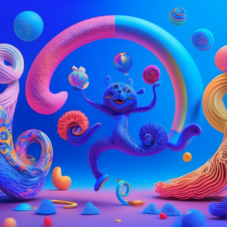 A whimsical illustration featuring a colorful, swirly noodle character surrounded by various dance poses, musical notes, and creative sparks, set against a bright, gradient blue background.