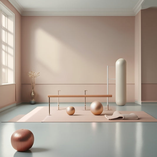 A minimalist illustration featuring a ballet barre against a neutral background, with a few stylish exercise balls and yoga mats scattered around, and a subtle hint of a dance studio ambiance.